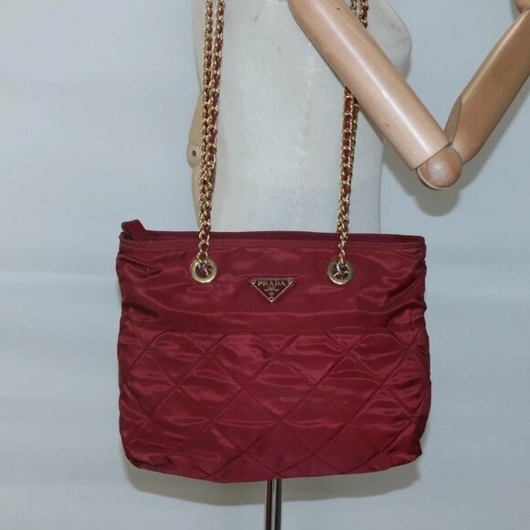 PRADA Chain Shoulder Bag Nylon Red Gold Auth - Picture 1 of 16
